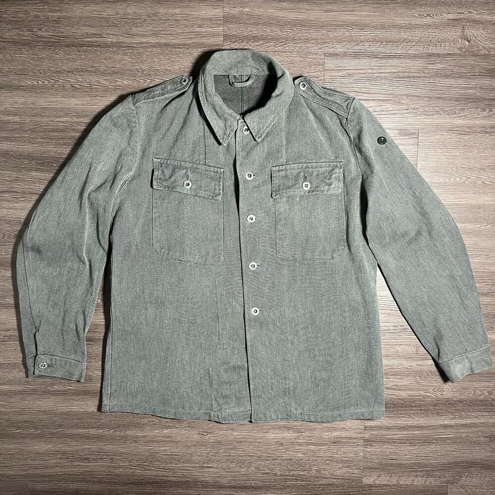 Vintage Swiss Army Salt Pepper Denim Chore Jacket Men's 54 L Gray Military EUC